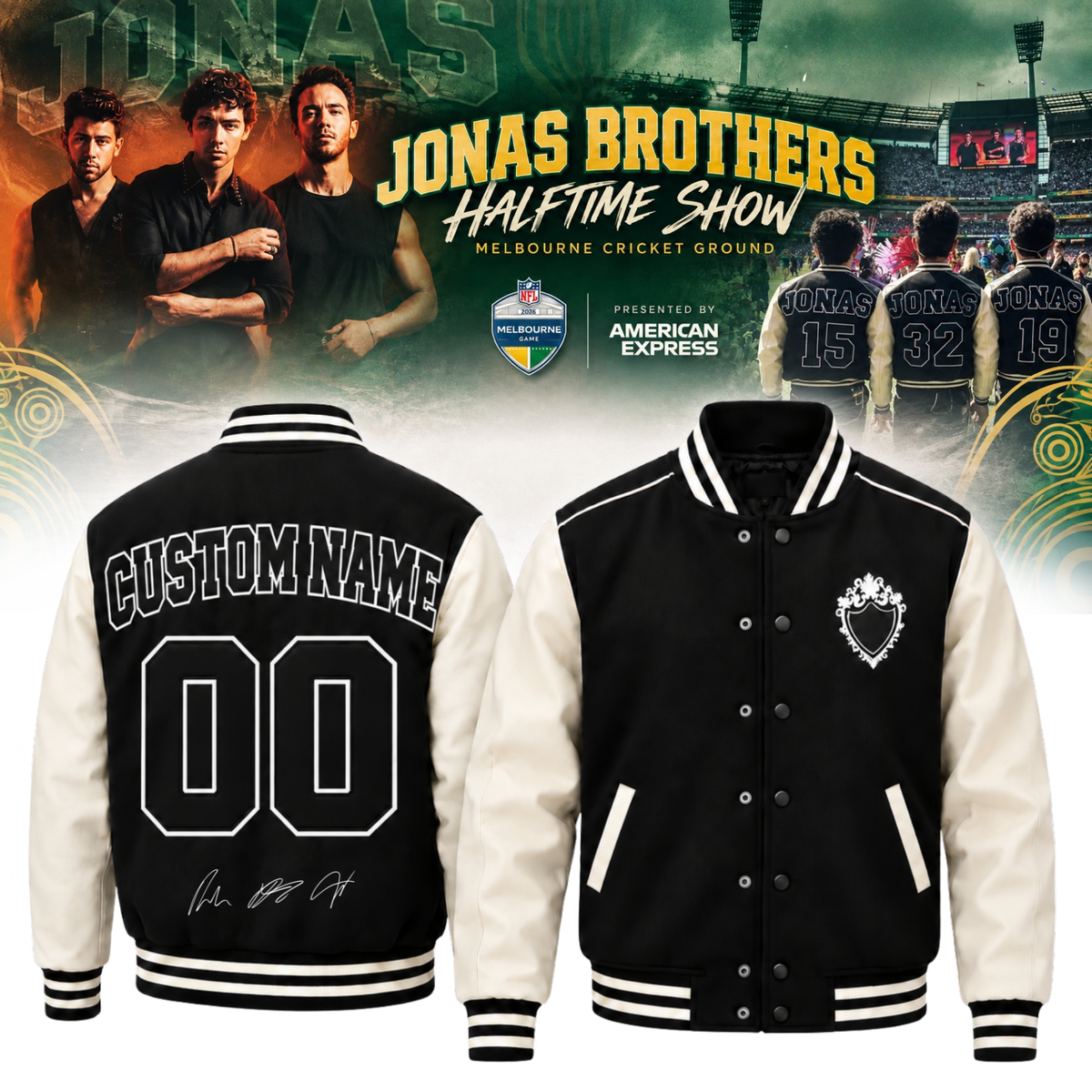 Jonas Brothers ” Halftime Show at 2026 NFL Melbourne Game LIVE on Netflix ” – Bomber (Custom name & Number)