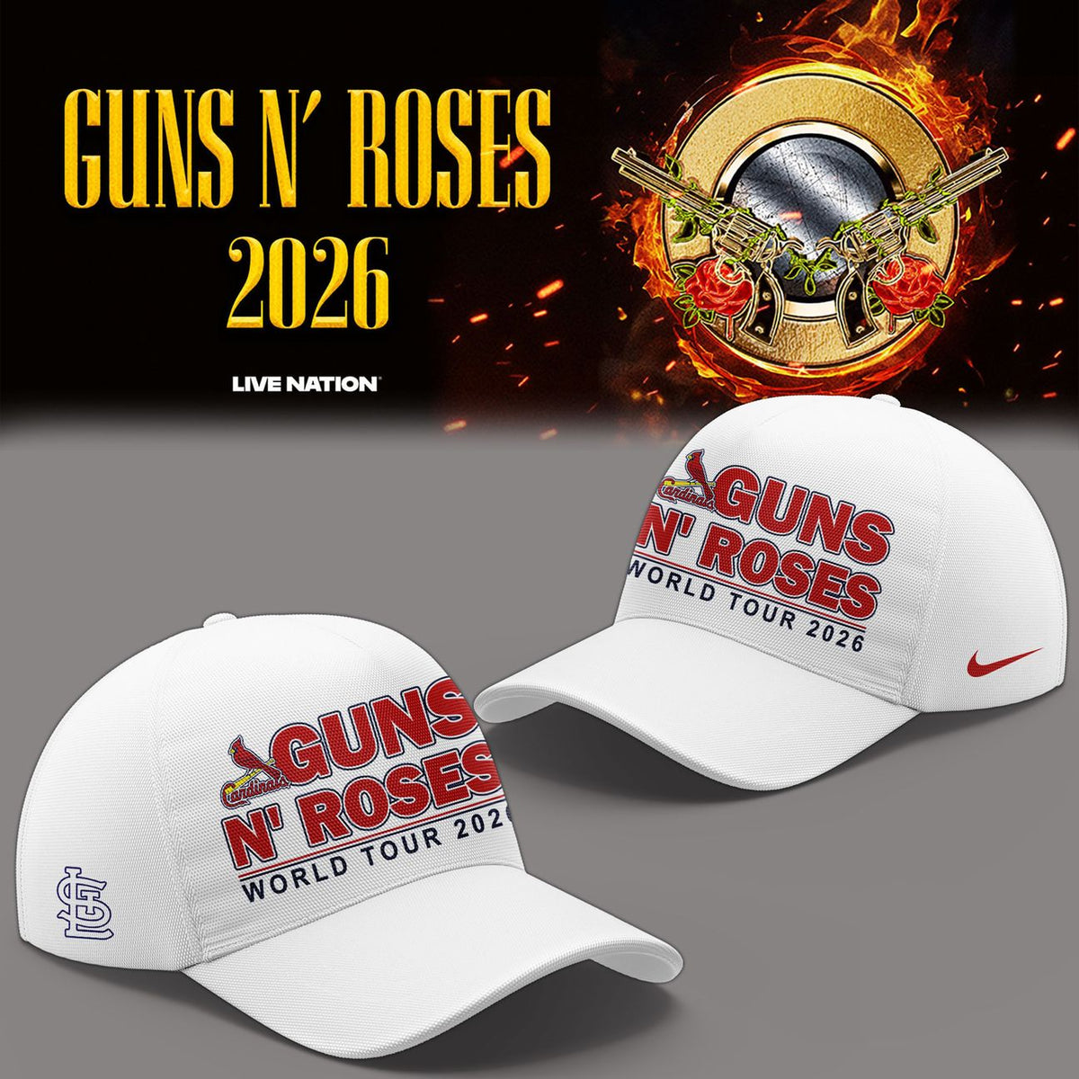 01.35. New White Guns N' Roses x St. Louis Cardinals - World Tour 2026 Baseball Jersey