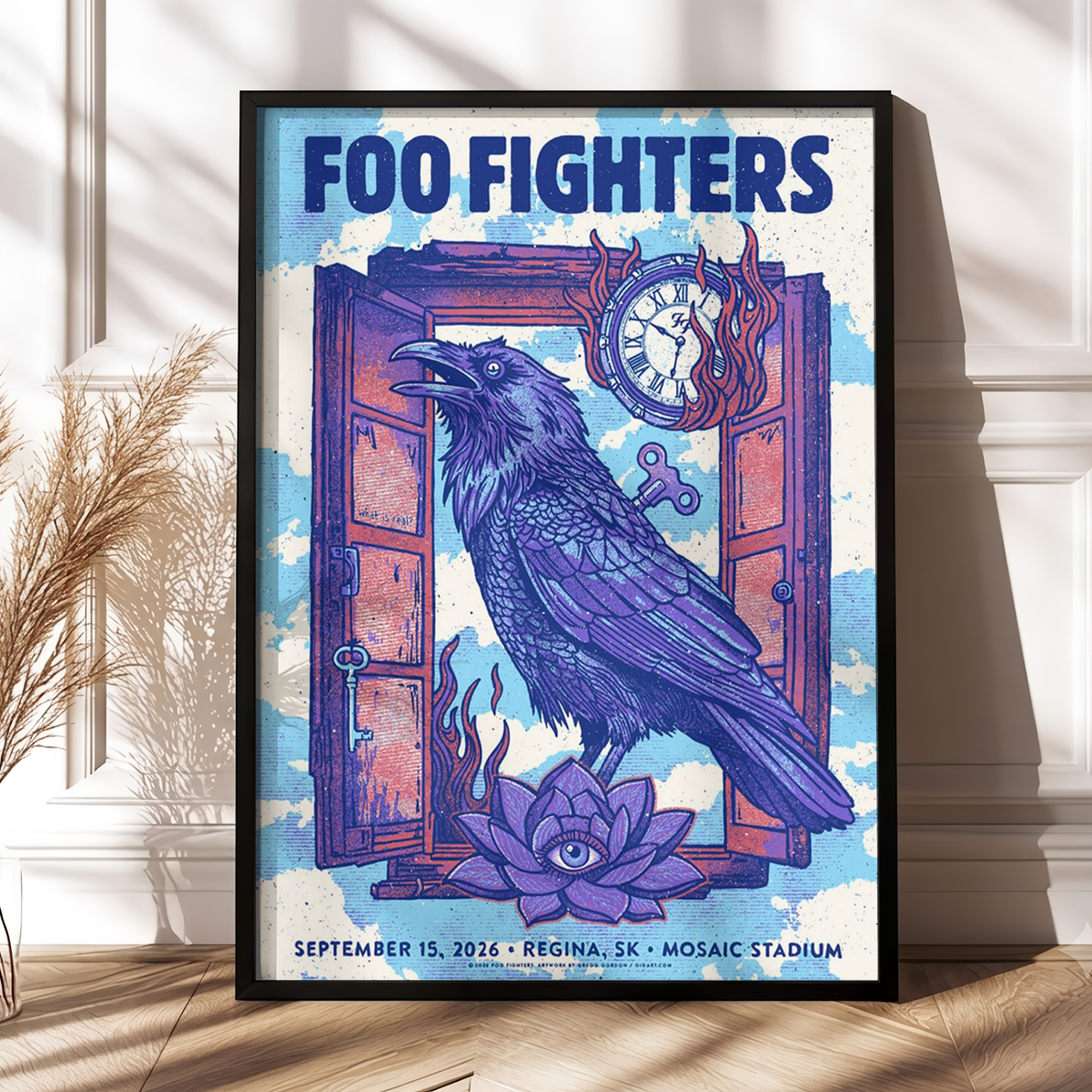 Foo Fighters Tour Poster Artwork Featuring Purple Raven Clock And Lotus Flower Poster