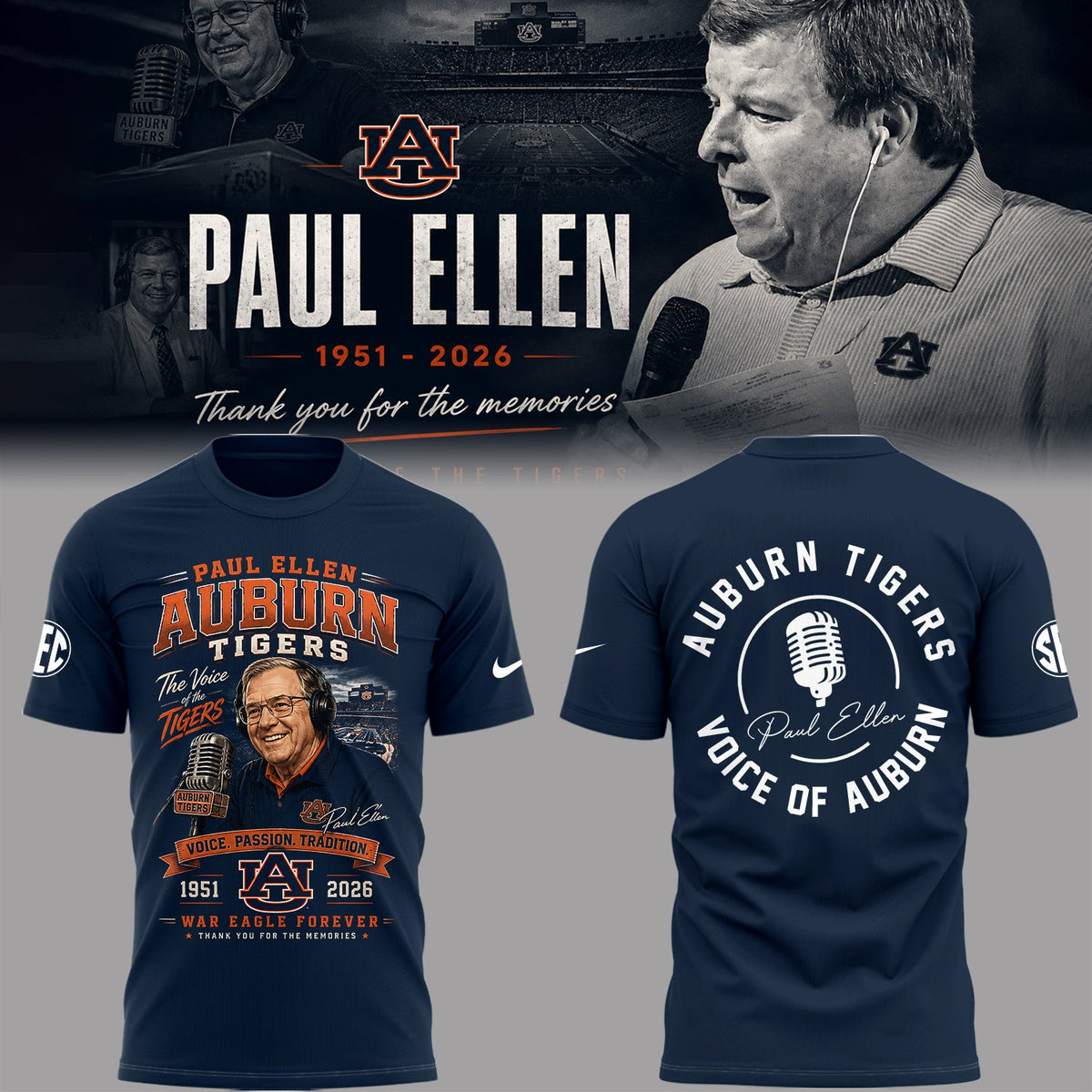 “Remembering Paul Ellen – The Voice of Auburn”🎙️🐅Shirt