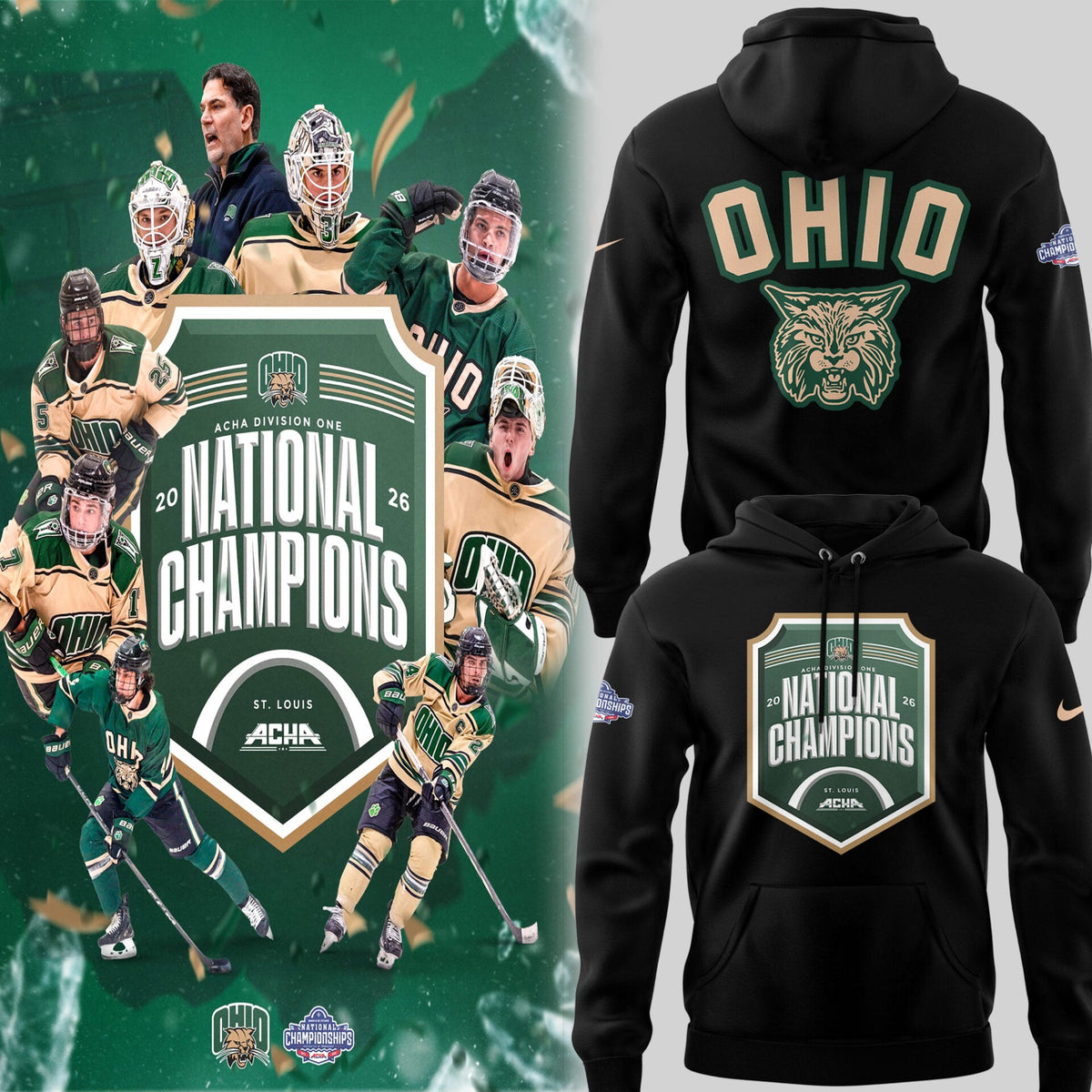 Limited Edition Ohio Bobcat ACHA National Champions 2026🏆Hoodie