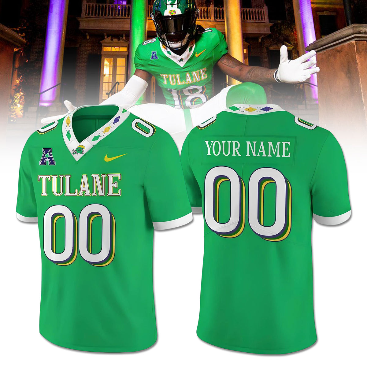 .Tulane Green Wave MARDI GRAS CITY EDITION Custom Football Jersey