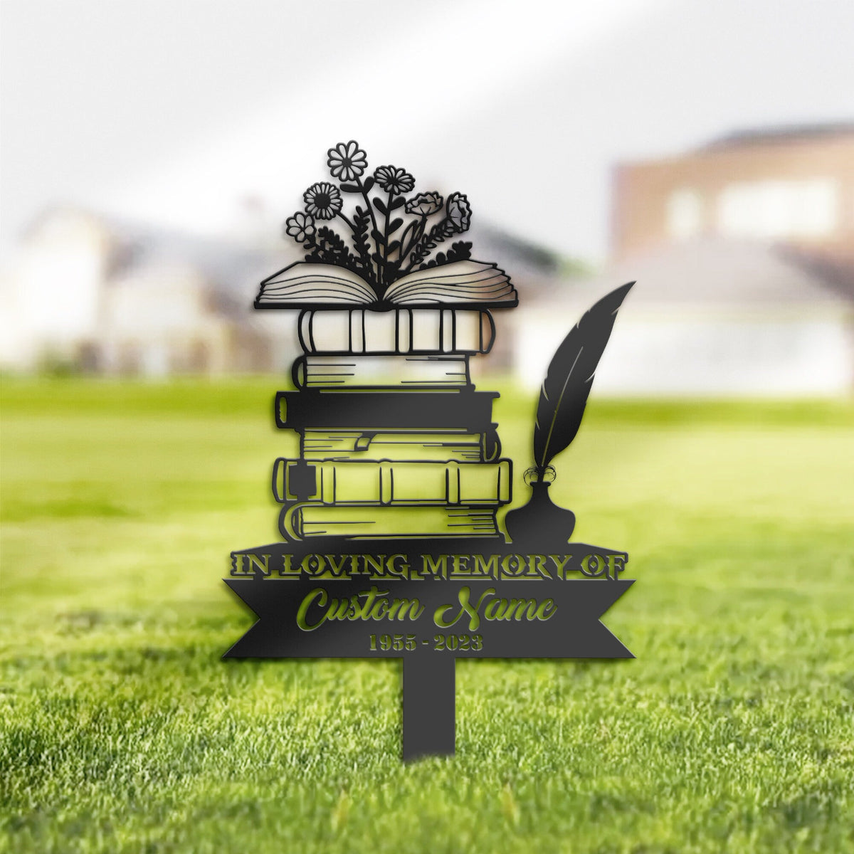 Personalized Floral books pen and inkwell teacher author writer Memorial Stake, Metal Stake, Sympathy Sign, Grave Marker, Remembrance Stake
