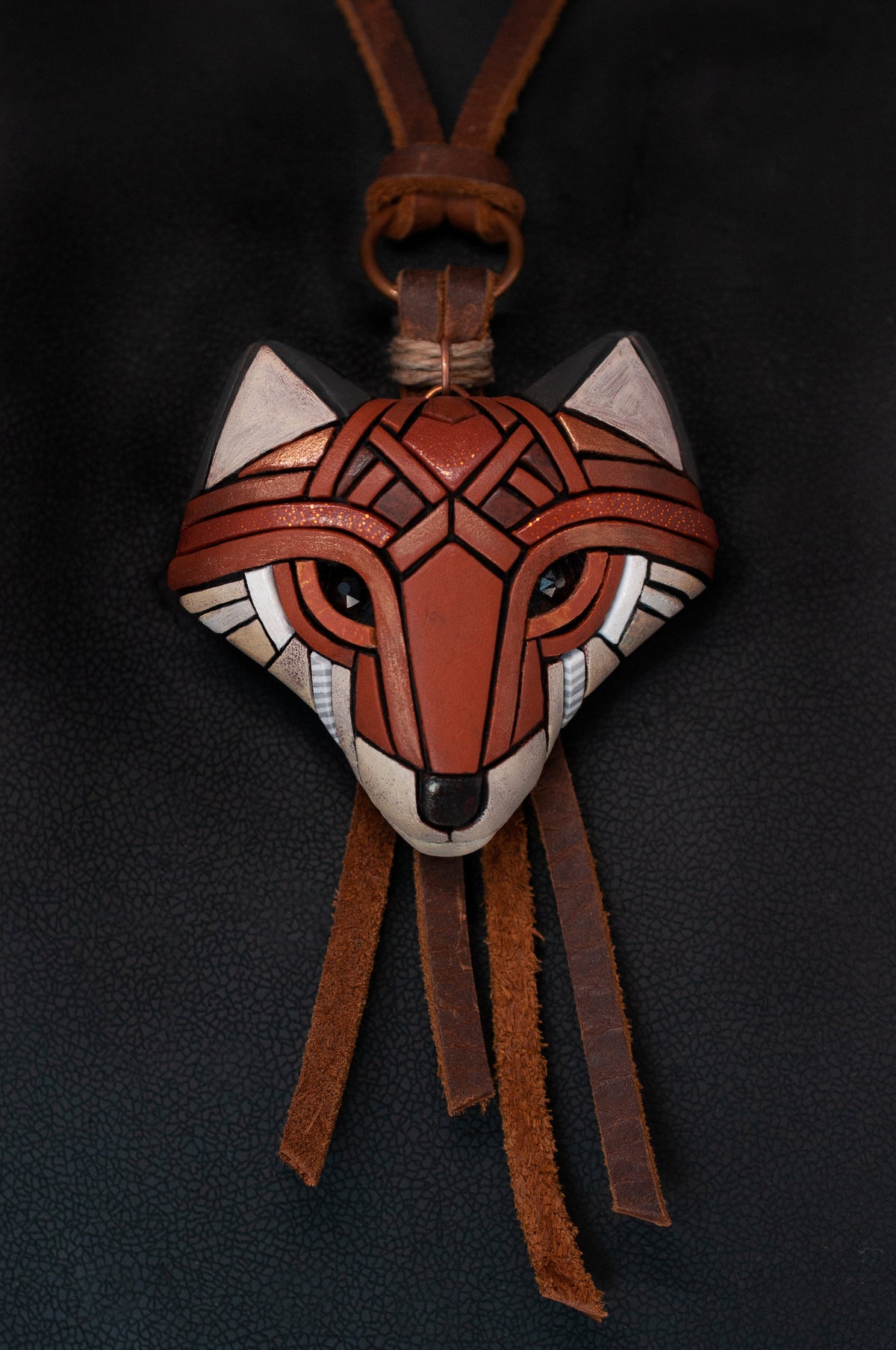 Red Fox Necklace, Rustic Western Spirit Animal, Mosaic art to wear, Unique gift idea, Adjustable-length Leather cord, Personalized option