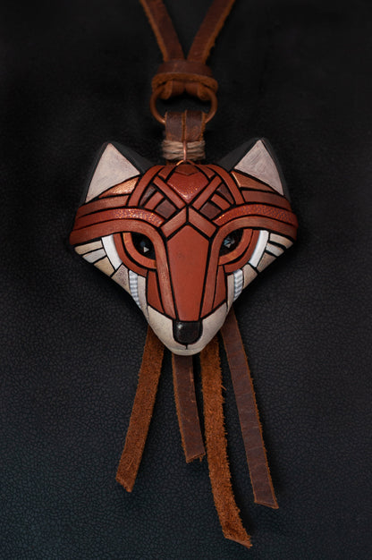 Red Fox Necklace, Rustic Western Spirit Animal, Mosaic art to wear, Unique gift idea, Adjustable-length Leather cord, Personalized option