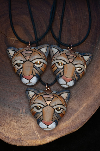 Cougar, AKA Mountain Lion & Puma Face Necklace on Leather, Wildcat Spirit Animal Head, Christmas Gift Idea, North American Native Species