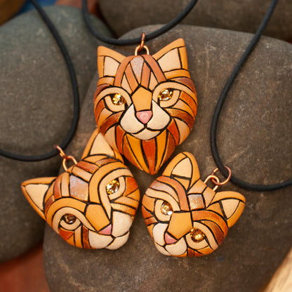 Ginger Cat Pendant Necklace: Polymer Clay Mosaic Jewelry, Swarovski Crystal Eyes