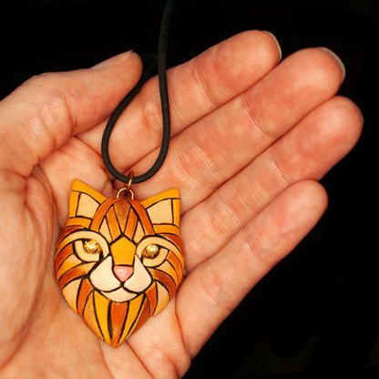 Ginger Cat Pendant Necklace: Polymer Clay Mosaic Jewelry, Swarovski Crystal Eyes