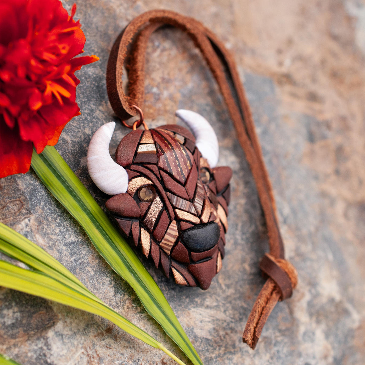 Bison Ornament, Rustic Buffalo Decoration on Western Style Leather Cord