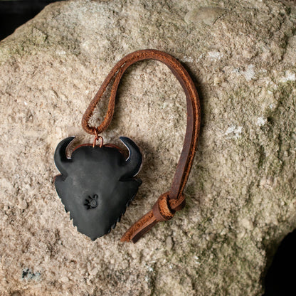 Bison Ornament, Rustic Buffalo Decoration on Western Style Leather Cord