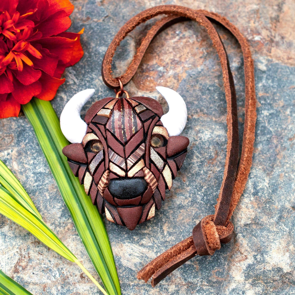 Bison Ornament, Rustic Buffalo Decoration on Western Style Leather Cord