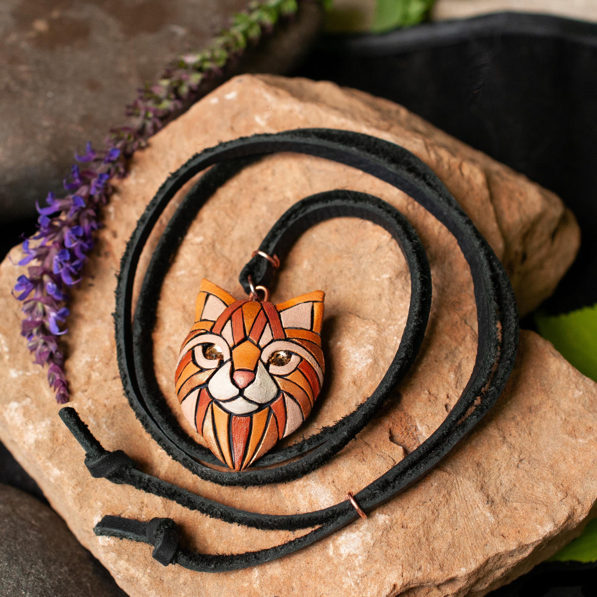 Ginger Cat Pendant Necklace: Polymer Clay Mosaic Jewelry, Swarovski Crystal Eyes