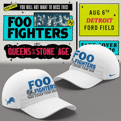 02.36. White Hoodie Foo Fighters x Detroit Lions - TAKE COVER TOUR 2026 Hoodie