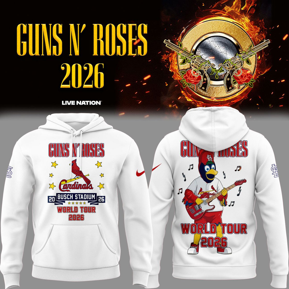 01.32. New White Hoodie Guns N' Roses x St. Louis Cardinals - World Tour 2026 Hoodie