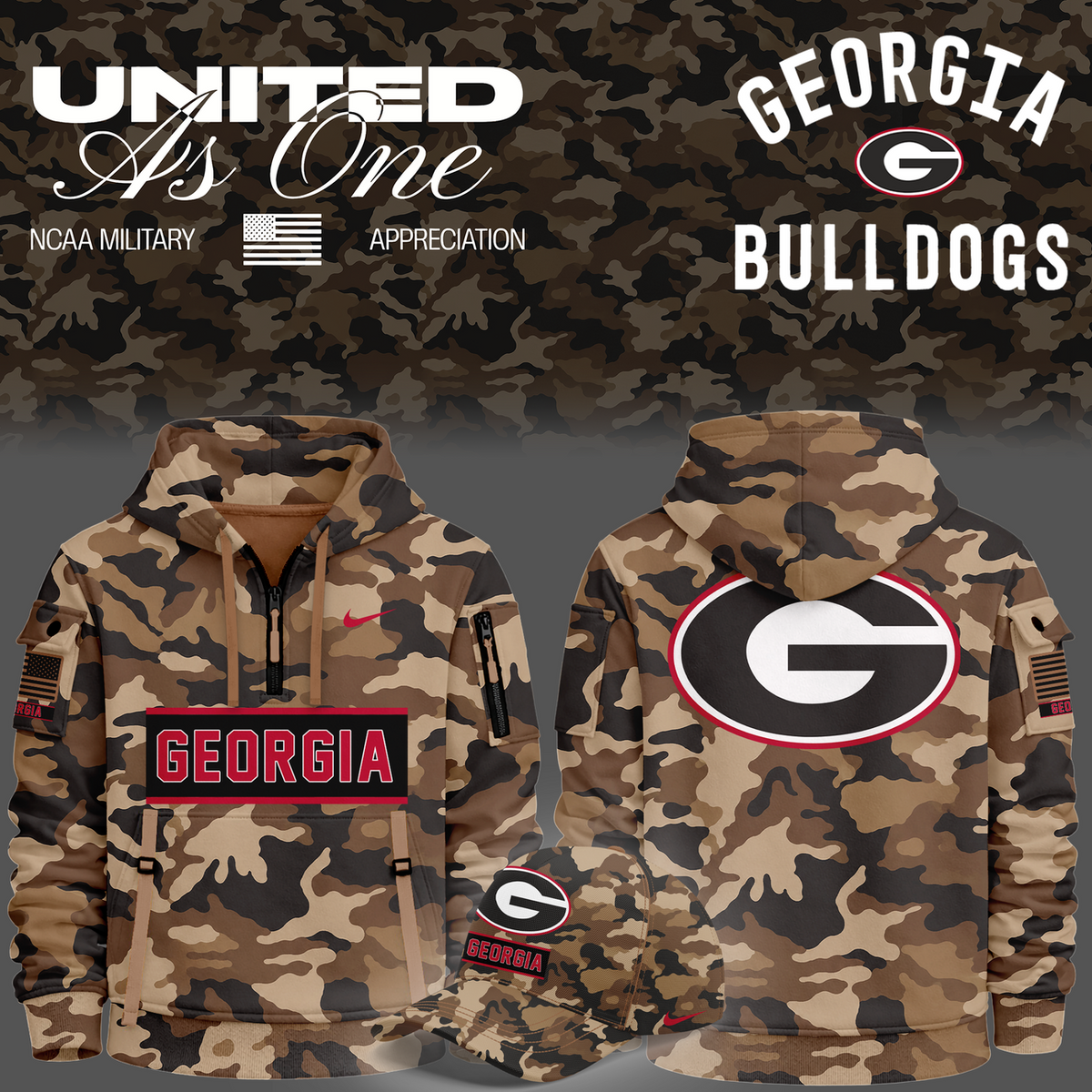 Camo Georgia Bulldogs 2026 Military Appreciation Sideline Dri-FIT 3d Quarter Zipper Hoodie