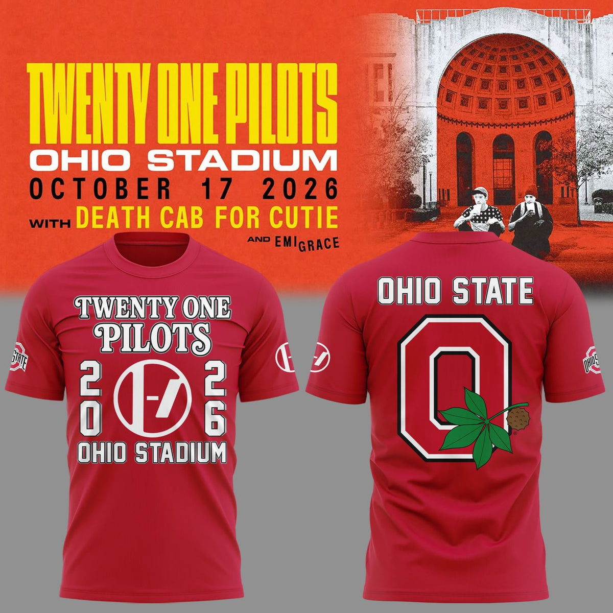 01.08. Twenty One Pilots x Ohio State Buckeyes Football - Ohio Stadium October 17 2026 Red T-Shirt