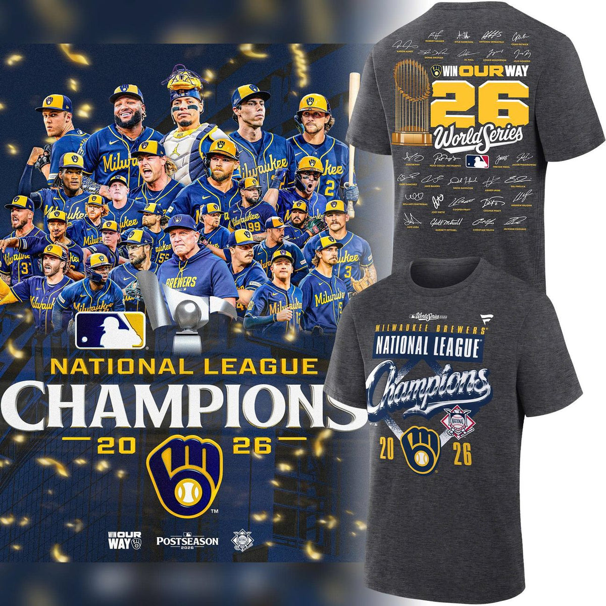 Exclusive Milwaukee Brewers Fanatics Heather Charcoal 2026 National League Champions Locker Room T-Shirt Team Signatures Print