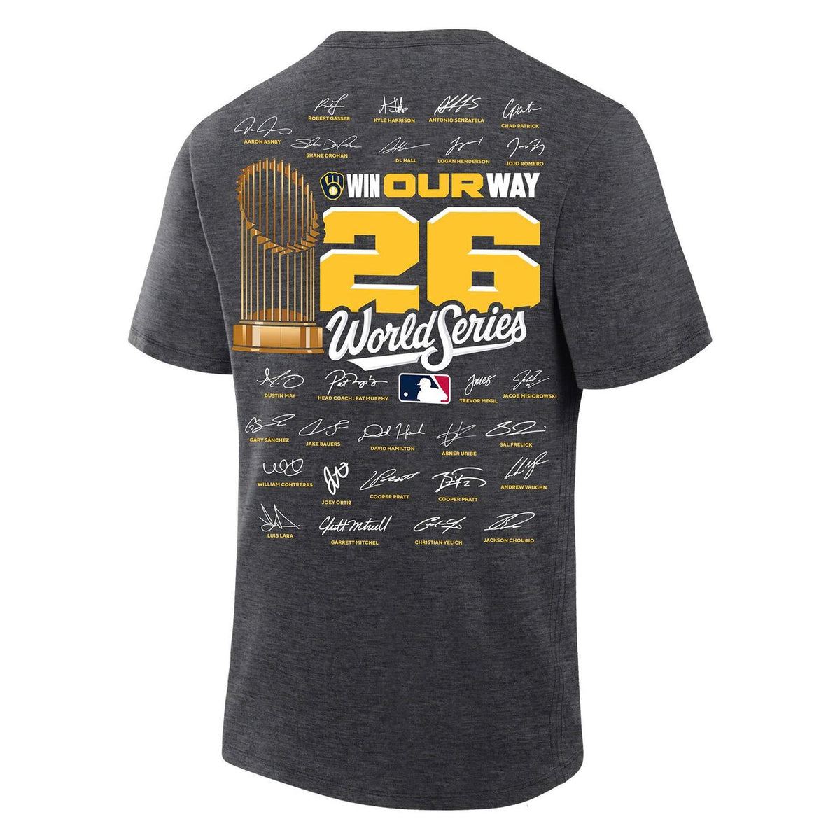 Exclusive Milwaukee Brewers Fanatics Heather Charcoal 2026 National League Champions Locker Room T-Shirt Team Signatures Print