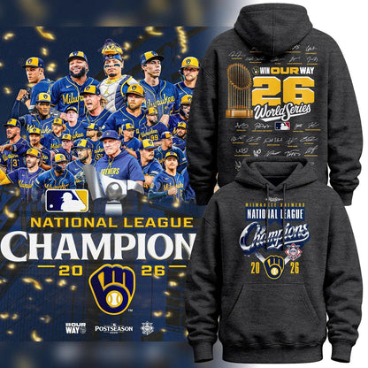 Men’s Milwaukee Brewers Heather Charcoal 2026 National League Champions Hoodie – Updated Version