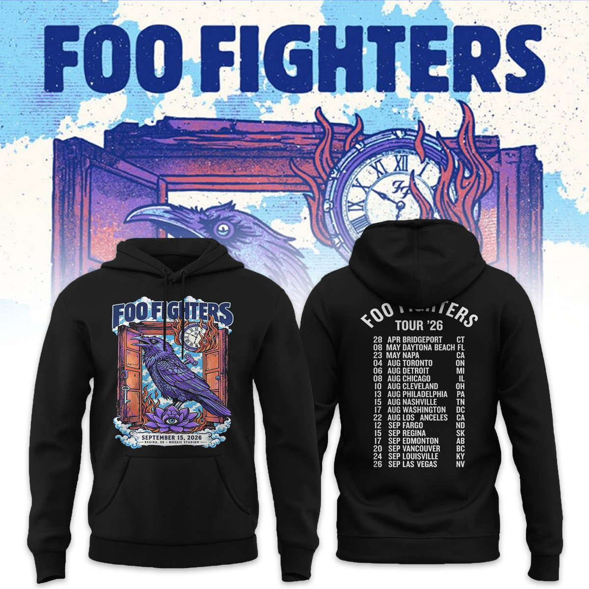 Foo Fighters Tour Poster Artwork Featuring Purple Raven Clock And Lotus Flower Hoodie