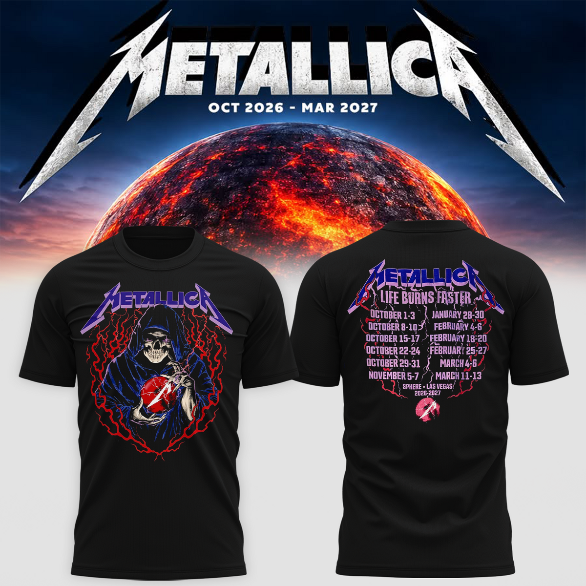 MTLC Life Burns Faster 2026 2027 Las Vegas Merch Tee Live At Sphere Tour Dates Skeleton Wizard Two Sided T-Shirt