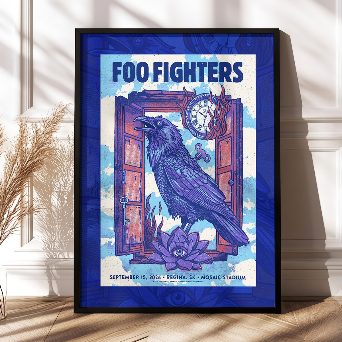 Foo Fighters Tour Poster Artwork Featuring Purple Raven Clock And Lotus Flower Poster
