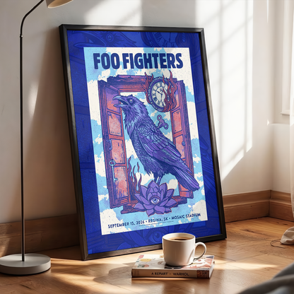 Foo Fighters Tour Poster Artwork Featuring Purple Raven Clock And Lotus Flower Poster
